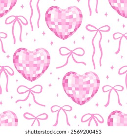 Seamless pattern with pink heart shaped disco balls and wavy bows. Vector flat holiday funky background