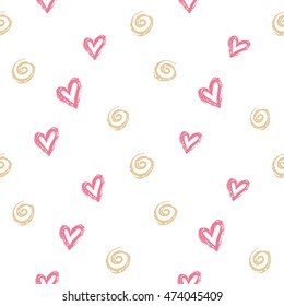 Seamless pattern with pink heart and white spiral. Hand drawn sketch elements in decorative fashion style. Bakery, ice-cream dessert inspired illustration.