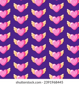 Seamless pattern pink heart with wings in cartoon style. Valentines Day textile design, background, wrapping paper, wallpaper. Vector illustration.