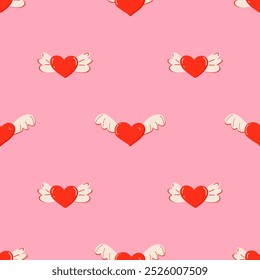 Seamless pattern of pink heart with wings. Cute hand drawn doodles. Perfect for Valentine's Day, holiday designs, romantic projects.