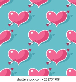 Seamless pattern with pink hearts and arrows of Cupid over blue background