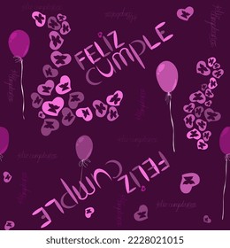nahtloses Muster mit rosafarbenen Herzen und Ballons mit der Inschrift "Hommage Geburtstag" auf Spanisch