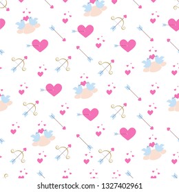 Seamless pattern with pink hearts, birds in love on a cloud, golden  bow and arrows. Vector texture in flat style.