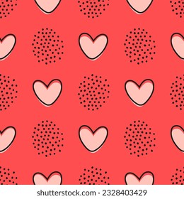 Patrón sin foco con corazones rosados y puntos negros