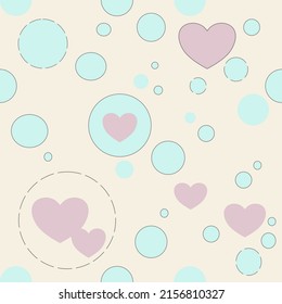 Seamless pattern with pink hearts and blue circles with different outlines