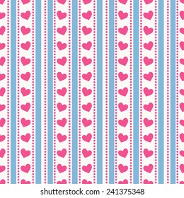 Seamless pattern with pink hearts and blue stripes. Love and romantic themes. Vector illustration.