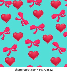 Seamless pattern with pink hearts and bow on blue background
