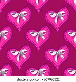 Seamless pattern with pink hearts and bow ribbons on dark background. Love symbol. Ideal for wrapping paper on Valentines Day, textile design or wallpaper. Vector illustration