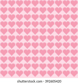 Seamless pattern with pink hearts by cross-stitch ornament embroidery. Vector illustration for valentines day, greeting card, wedding invitation, on romantic issues