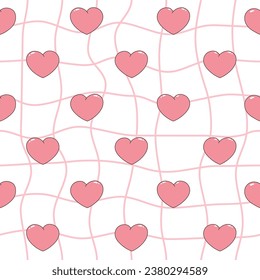 Seamless pattern of pink hearts. Cartoon elements in trendy retro style on pink and white mesh background. Vector illustration