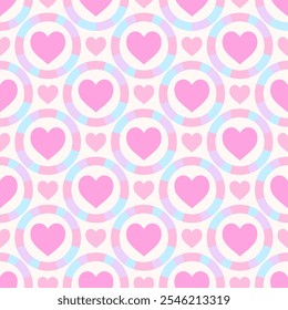 Seamless pattern with pink hearts centered within colorful pastel rings on a soft cream background.