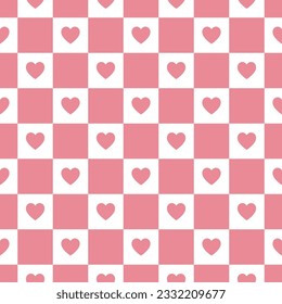 Seamless pattern with pink hearts and checkerboard
