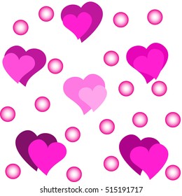 seamless pattern with pink hearts and circles on white background