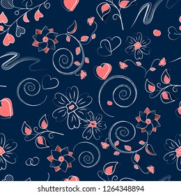 Seamless pattern with pink hearts, curls and flowers