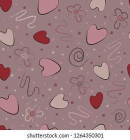 Seamless pattern, pink hearts, curls on a pink and brown background