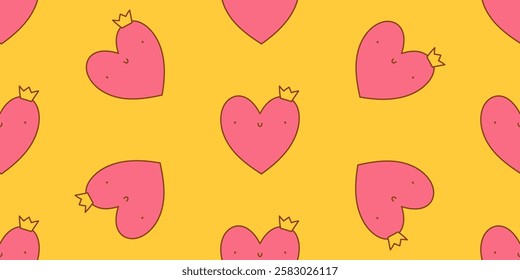 Seamless pattern with pink hearts. Cute simple happy heart with a crown. Vector illustration for sticker, patch, phone case, poster, t-shirt, mug and other design.