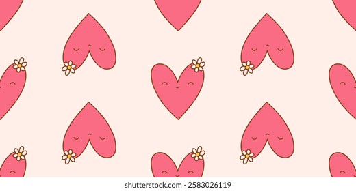 Seamless pattern with a pink hearts. Cute naive heart with a daisy. Vector illustration for sticker, patch, phone case, poster, t-shirt, mug and other design.