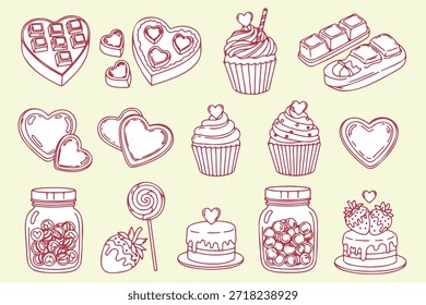 Seamless pattern with pink hearts and cute vector illustrations of sweet cupcakes, birthday muffins, and bakery desserts featuring cream, chocolate, and cherry icons in a cartoon style