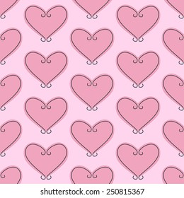 Seamless pattern with pink hearts decorated with grey vignettes isolated on light pink background