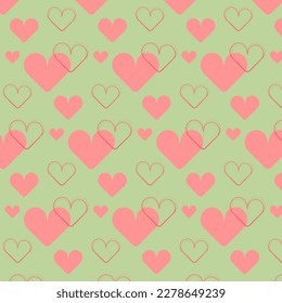 Seamless pattern of pink hearts in different sizes on a green background. Vector illustration