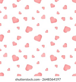 Padrão contínuo com corações cor-de-rosa de diferentes tamanhos em estilo aquarela. Coração, amor, romance ou dia dos namorados. Ilustração vetorial sobre fundo branco.