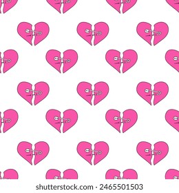 Seamless Pattern with pink hearts in emo style. Y2k. Broken heart with pin. Vector flat illustration.