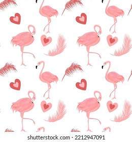 Patrón sin foco con corazones rosados, plumas y flamencos. Diseño para tela, etc