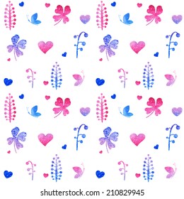Seamless pattern of pink hearts and floral elements. Beautiful and cute background. Watercolor texture.
