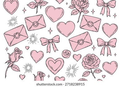 Patrón sin fisuras con corazones rosas y un diseño floral para el día de San Valentín