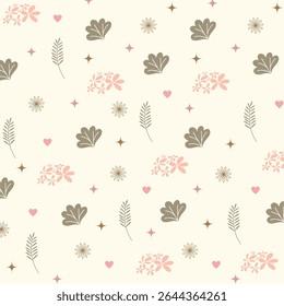 seamless pattern with pink hearts and flowers. Holiday background, Valentine's Day wallpaper, wrapping paper design and decoration, etc. Girly cute style.