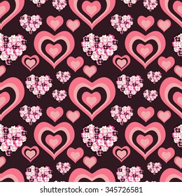 Seamless pattern with pink hearts and flowers. Background for invitations, greeting card, announcement. Valentine background.