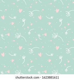 Seamless pattern with pink hearts and foliage. Vector illustration.