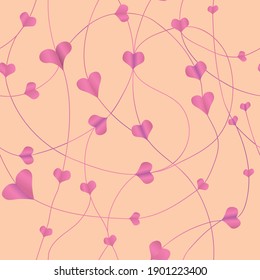 Seamless pattern with pink hearts in the form of beads worn on a thread on a beige background