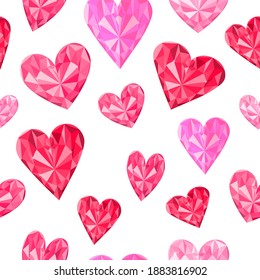 Seamless pattern pink hearts gemstone diamonds vector illustration