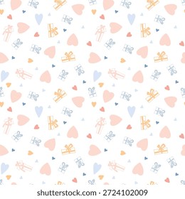 Patrón sin fisuras con corazones y regalos rosados, lazos. Estampado en forma de corazón, diseño de San Valentín.