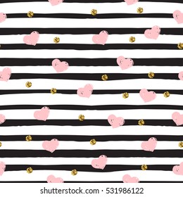 Seamless pattern with pink hearts, gold glitter dots and stripes. Modern trendy background.