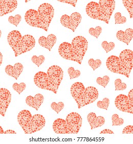 Seamless pattern with pink hearts. Heart shapes in mosaic style. Romantic background for St. Valentine Day. Design element for greeting cards, wrapping paper, textile, fabric, wallpaper, wedding decor