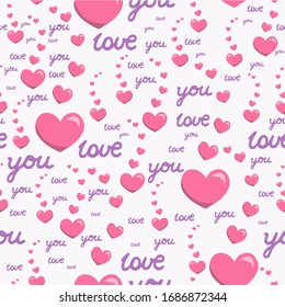 Seamless pattern with pink hearts and the inscription love you. Decorative elements backdrop for textile, fabric, wrapping paper, wallpaper, card.