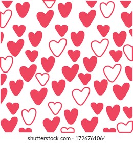 Patrón sin brillo con corazones rosados aislados en fondo blanco. Banner del Día de San Valentín. Ilustración vectorial. Plantilla de doodle de esquema.Papel de escritorio, textil, papel de envoltura, tela, impresión de camisetas.