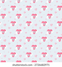 Seamless pattern of pink hearts with LOVE banners and small hearts on light blue background. Perfect for romantic designs