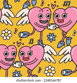Seamless pattern with pink hearts madcots with wings. Valentine s day repeating background. Weird groovy vector ilustration in retro hippie style. Characters in love holding hands.