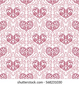 Seamless pattern. Pink hearts made in swirls, leaves and floral elements on a floral background.