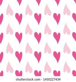 Seamless pattern of pink hearts on a white background.