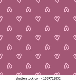 Seamless pattern with pink hearts on crimson background. Valentines Day backdrop. Wedding template. Design for fabric, textile print, wrapping paper, children textile. Vector illustration