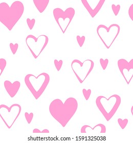 Seamless pattern with pink hearts on white background. Design for Valentine's day, wedding, birthday, Mothers Day. Vector illustration for fabric, wallpaper, posters, card, textile. 