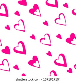 Seamless pattern with pink hearts on white background. Design for Valentine's day, wedding, birthday, Mothers Day. Vector illustration for fabric, wallpaper, posters, card, textile. 