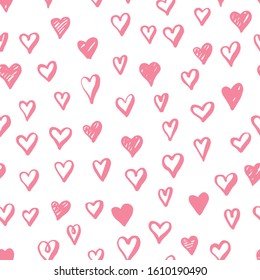 Seamless pattern with pink hearts on white background.