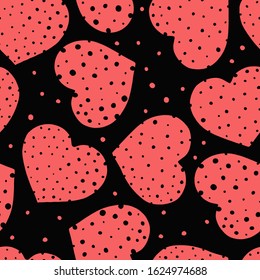 Seamless pattern with pink hearts on a black background. Romantic Wallpaper, textiles, clothing, wrapping paper. Vector illustration in sketch style. Valentine s day.