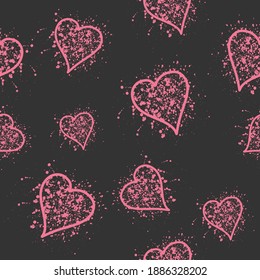 Seamless pattern with pink hearts on a dark background. Love doodle background. Ready template for design, postcard, print, poster, party, Valentine's Day, vintage textile. Vector hand drawing