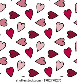 Seamless pattern in pink hearts on white background. Vector image. 